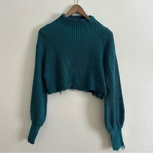 UO Teal Distressed Cropped Sweater